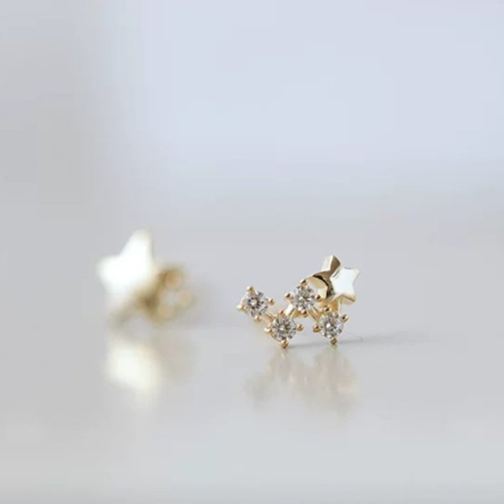925 Sterling CZ Star Dainty Stud Earring Crawler Celestial CZ Stud Earring